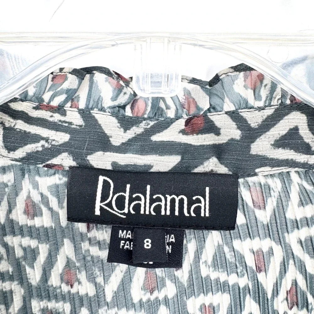Anthropologie Rinku Dalamal Pleated Tie Neck Bow Blouse Geometric Print‎ Size 8